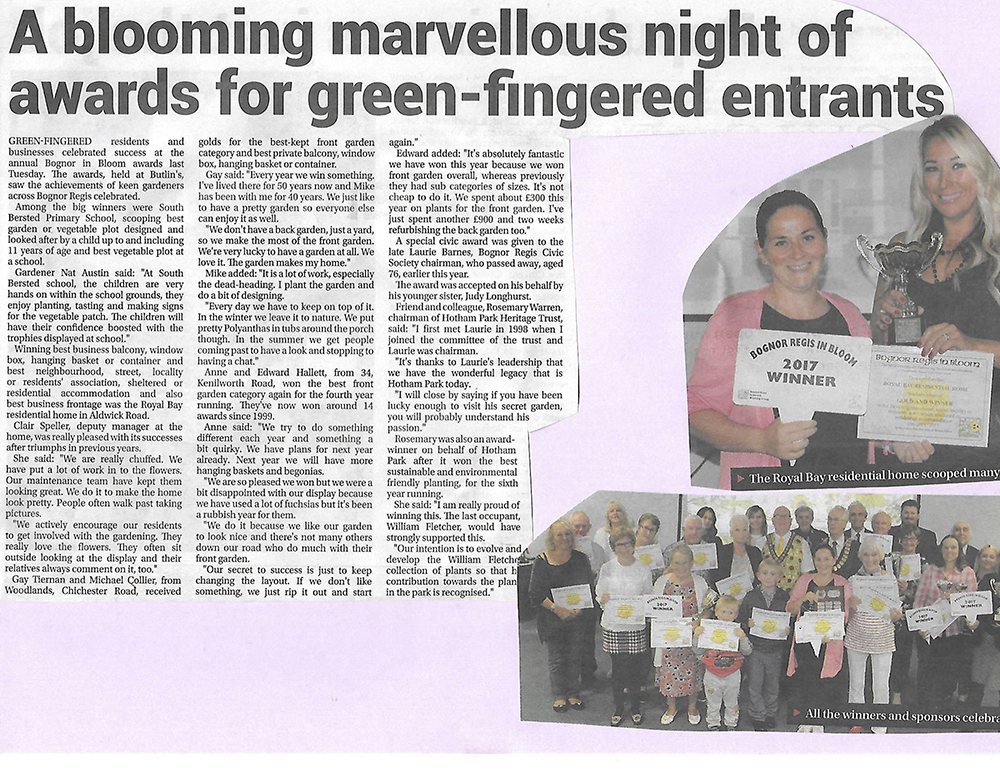 Royal Bay Residential Home wins Gold again in Bognor In Bloom.